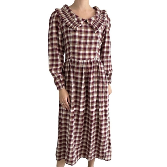 Tach Clothing Long Sleeve Midi Dress Red Plaid Ruffle Prairie Modest Size Medium